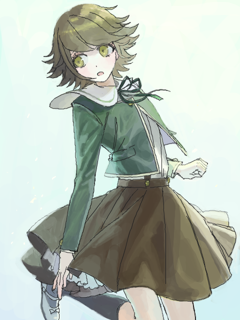 10s 1boy androgynous brown_hair danganronpa_(series) danganronpa:_trigger_happy_havoc fujisaki_chihiro male_focus naoko_(artist) short_hair skirt solo trap