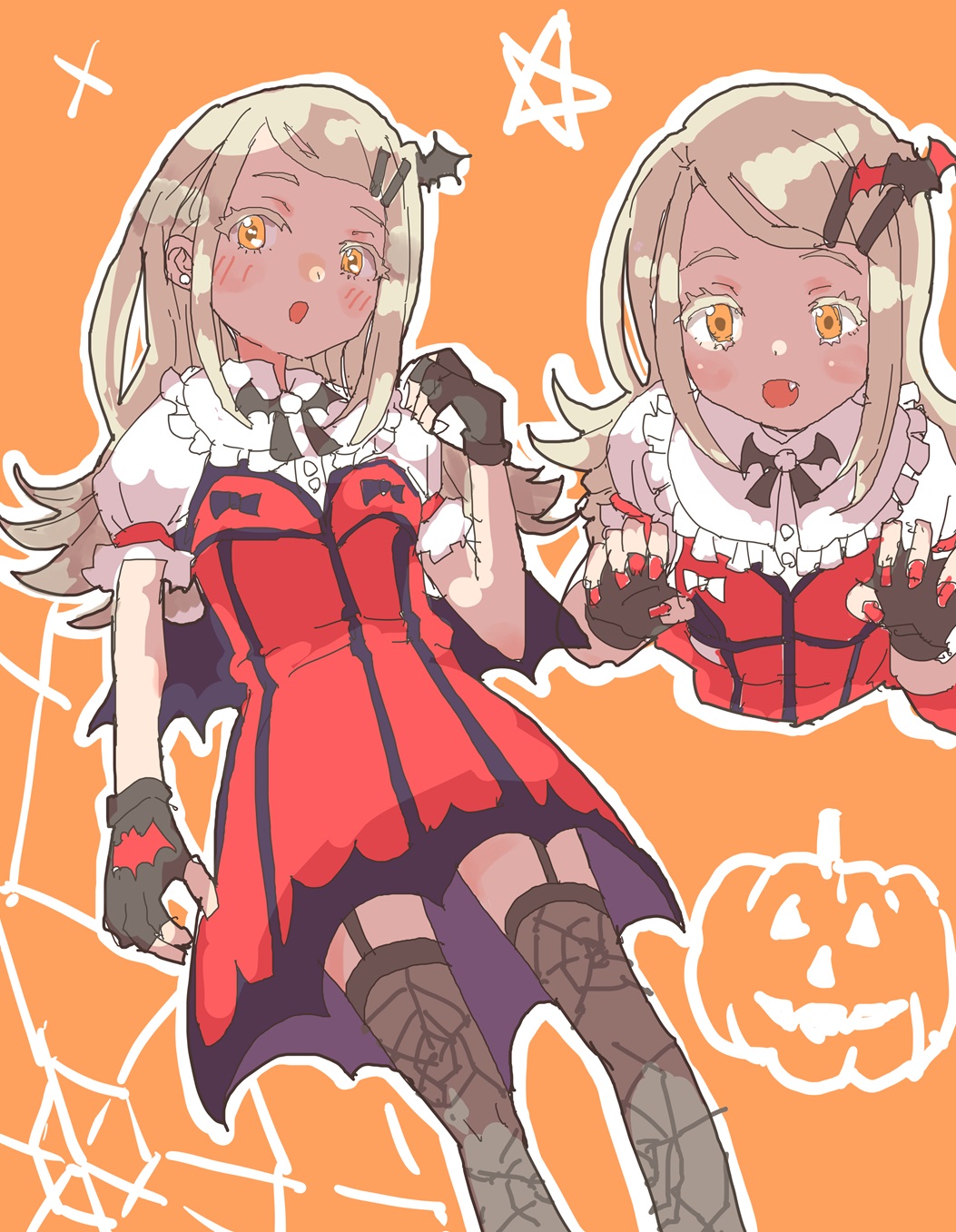 1girl alternate_costume bat_bowtie blonde_hair dress fang fingerless_gloves gakuen_idolmaster gloves highres idolmaster long_hair orange_background pumpkin red_dress red_nails shinosawa_hiro silk solo spider_web spider_web_print star_(symbol) thighhighs vampire white-space yellow_eyes