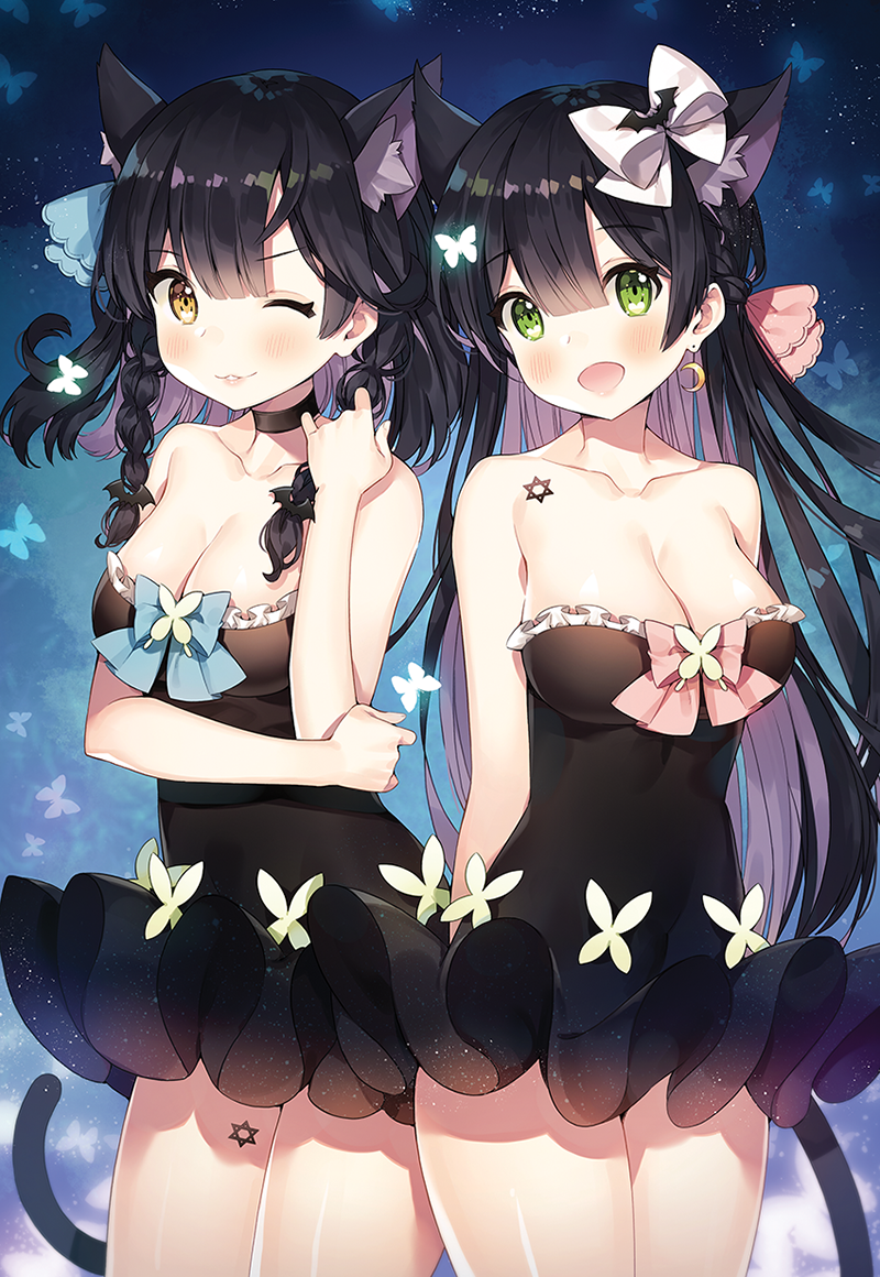 2girls :d animal_ear_fluff animal_ears arms_behind_back ayami bare_shoulders bat_(animal) black_choker black_dress black_hair blue_bow blunt_bangs blush bow braid breasts bug butterfly cat_ears cat_girl cat_tail choker cleavage collarbone crescent crescent_earrings dress earrings frilled_dress frills green_eyes hair_between_eyes hair_bow hand_up head_tilt hexagram insect jewelry large_breasts long_hair looking_at_viewer multicolored_hair multiple_girls one_eye_closed open_mouth original parted_lips pink_bow purple_hair shiny_skin short_dress siblings single_earring sisters smile star_of_david strapless strapless_dress tail tareme thighs twin_braids twins two-tone_hair white_bow yellow_eyes