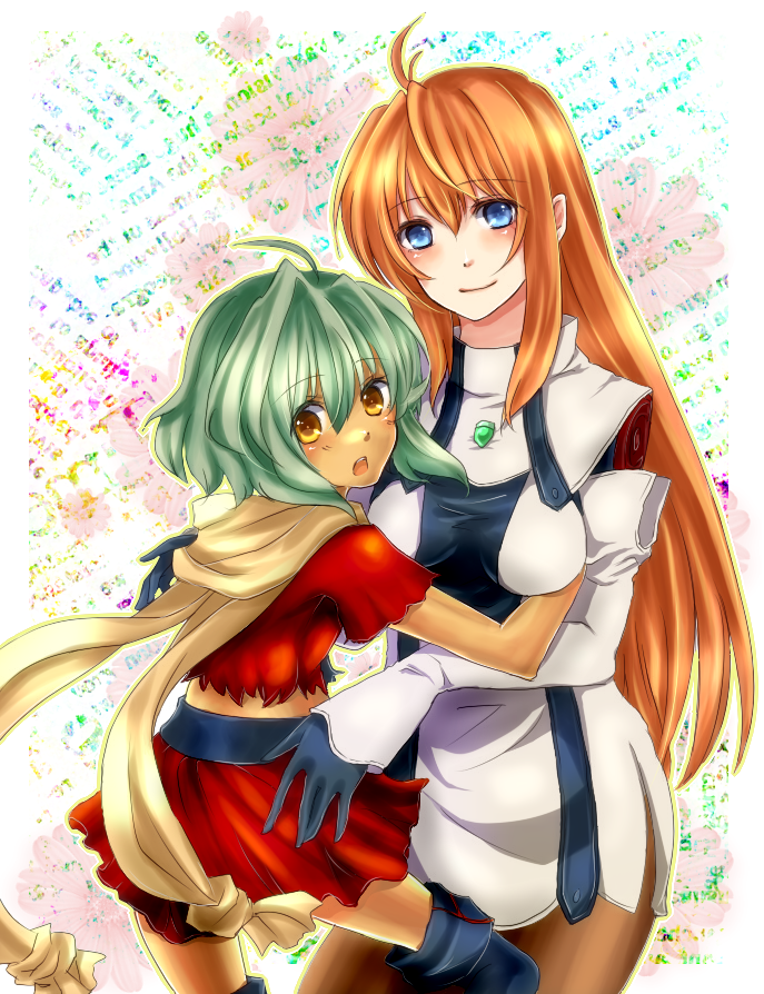 :o age_difference bad_id bad_pixiv_id blue_eyes blush boots dark-skinned_female dark_skin elbow_gloves elhaym_van_houten emerada_(xenogears) gloves green_hair haruto_yuki hug long_hair midriff mother_and_daughter orange_hair pantyhose scarf shirt short_hair skirt smile thigh_boots thighhighs torn_clothes torn_shirt xenogears yellow_eyes