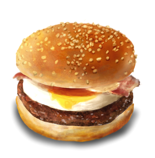 bacon beef burger fast_food food food_focus meat no_humans original realistic simple_background still_life tsukimi_burger white_background yajirushi_(yajiru4)