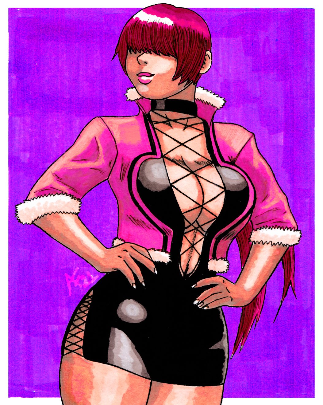 1girl aaronhibiki black_dress breasts cleavage cleavage_cutout clothing_cutout dress hair_over_eyes hands_on_own_hips highres jacket large_breasts lips long_hair pencil_skirt pink_jacket red_hair shermie_(kof) short_dress skirt smile the_king_of_fighters the_king_of_fighters_xv thick_thighs thighs tight_clothes tight_dress xxxhibiki