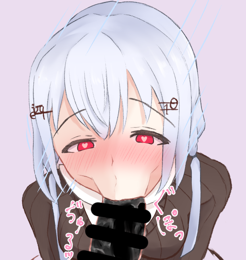 1girl fellatio female_focus grey_hair hakase_fuyuki heart heart-shaped_pupils nijisanji oral red_eyes simple_background symbol-shaped_pupils virtual_youtuber