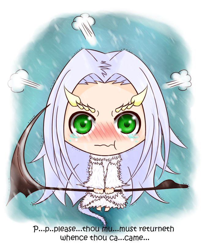 1girl text_background blush chibi dark_souls_(series) dark_souls_i dragon_girl english_text fur green_eyes horns iforher long_hair nervous priscilla_the_crossbreed scythe solo tears wavy_mouth weapon white_fur white_hair