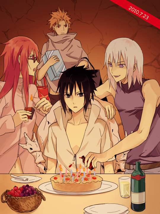 1girl 3boys bad_id bad_pixiv_id birthday bottle cake candle cavpas food fruit hoozuki_suigetsu juugo_(naruto) karin_(naruto) multiple_boys naruto_(series) naruto_shippuuden uchiha_sasuke zeri_(iruru)