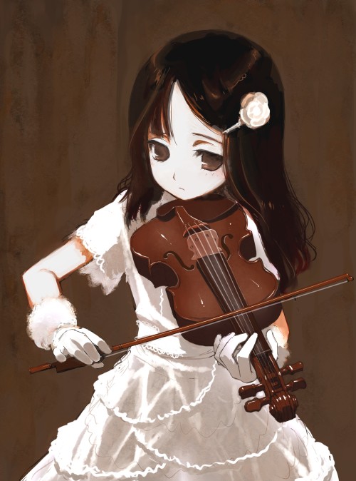 1girl brown_background cowboy_shot dress eyelashes female_focus flower frown gloves hair_ornament hairclip head_rest instrument pale_skin shiden solo violin white_dress