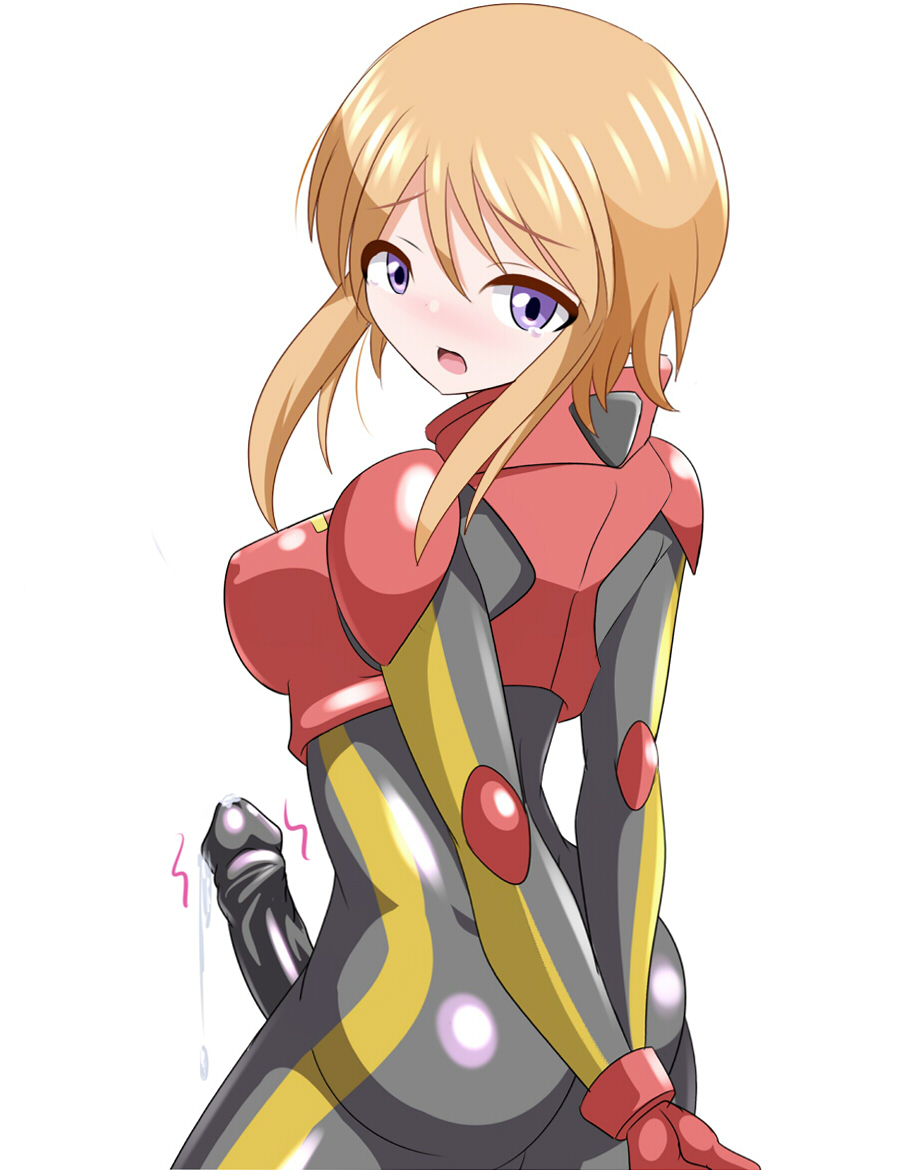 1futa androgynous artist_request blonde_hair blue_eyes blush breasts bulge cum ejaculation erection erection_under_clothes futanari gundam medium_breasts pilot_suit purple_eyes puru_two shiny_clothes simple_background skin_tight solo tagme tears white_background