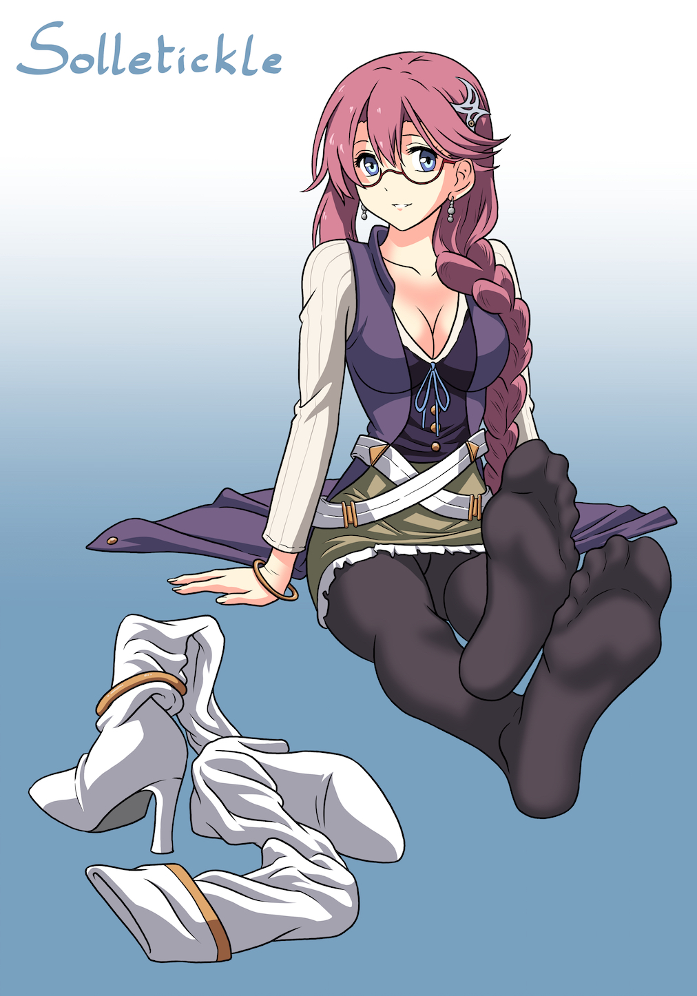 1girl arm_support belt boots bracelet braid breasts cleavage coat earrings emma_millstein feet foot_focus foreshortening glasses jewelry long_hair long_sleeves looking_at_viewer pantyhose pink_hair sen_no_kiseki_(series) sen_no_kiseki_i shoes side_braid simple_background sitting skirt sleeveless sleeveless_coat soles solletickle toes unworn_shoes