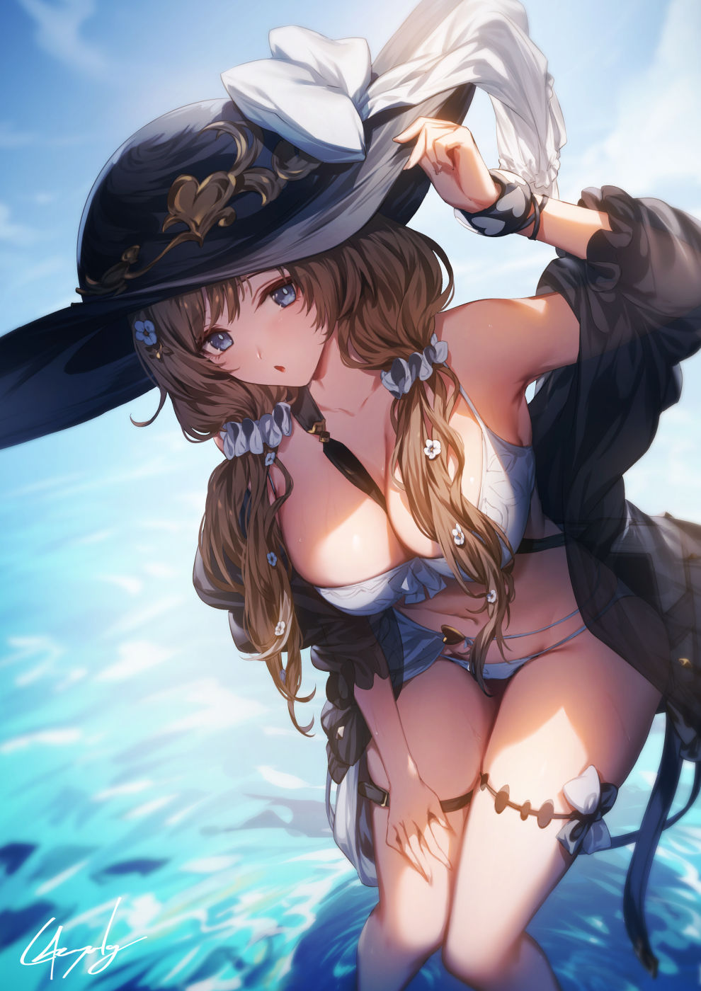 1girl :o blue_eyes blue_hat blush breasts brown_hair day feet_out_of_frame genyaky granblue_fantasy hat highres large_breasts leaning_forward long_hair long_sleeves open_clothes open_mouth outdoors raziel_(granblue_fantasy) raziel_(summer)_(granblue_fantasy) signature solo standing thigh_strap thighs