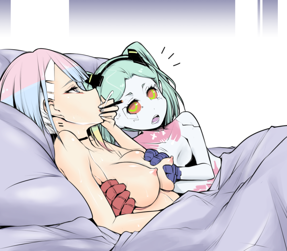 yuriwhale, lucy (cyberpunk), rebecca (cyberpunk), cyberpunk (series),  cyberpunk edgerunners, commentary, english commentary, 2girls, age  difference, blue hair, breasts, green hair, groping, large breasts, loli,  lying, multicolored hair, multiple girls ...