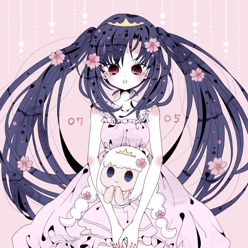 1girl :&gt; black_hair blue_eyes braid breasts cherry_blossoms collarbone cowboy_shot dot_nose dress flower gold_tiara hair_flower hair_ornament hikawa_rina holding holding_stuffed_toy kawachino_yuumi light_blush long_hair looking_at_viewer low_twin_braids mycetism parted_bangs parted_lips pink_background pink_dress pink_eyes pink_flower sakura_no_uta simple_background sleeveless sleeveless_dress small_breasts solo star_(symbol) stuffed_toy tiara twin_braids twintails very_long_hair white_hair