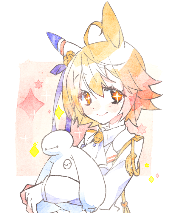 1girl ahoge animal_ears ascot baymax big_hero_6 closed_mouth doll eyelashes hair_between_eyes holding holding_doll horse_ears horse_girl jacket long_sleeves looking_at_viewer matikanefukukitaru_(umamusume) short_hair smile solo sparkle umamusume ume_(pickled_plum) upper_body white_ascot white_jacket