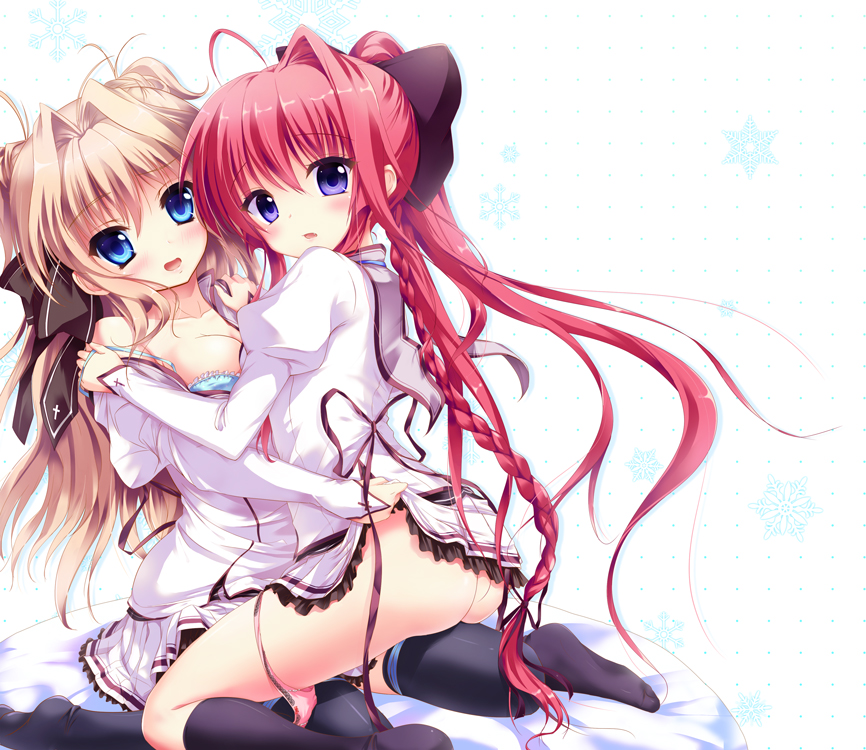 2girls ass blonde_hair blue_bra blue_eyes bow bra braid breasts clothes_lift hair_bow hair_intakes hair_ribbon inui_sana kneehighs long_hair mashiroiro_symphony multiple_girls natsumi off_shoulder panties panties_around_leg pink_panties ponytail purple_eyes red_hair ribbon school_uniform sena_airi single_hair_intake sitting skirt skirt_lift socks strap_slip thighhighs underwear undressing very_long_hair yuri