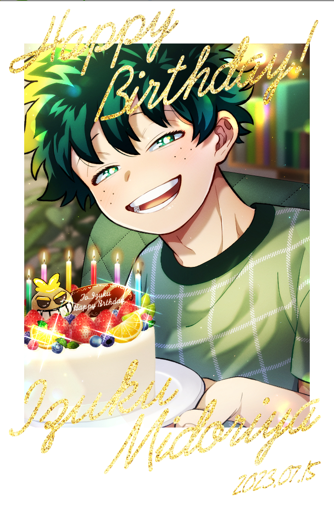 1boy adam&#039;s_apple all_might alternate_costume birthday birthday_cake blueberry blurry blurry_background blush bokeh boku_no_hero_academia book bookshelf border bright_pupils cake candle casual character-themed_food character_name check_food depth_of_field eyelashes film_grain food food_request foreground_text freckles fruit green_eyes green_hair green_shirt grid_print hair_between_eyes hand_up happy happy_birthday holding holding_plate indoors kiwi_(fruit) kiwi_slice looking_at_viewer looking_to_the_side male_focus midoriya_izuku misu_(ms.) narrowed_eyes on_chair open_mouth orange_(fruit) orange_slice plant plate raspberry round_teeth shirt short_hair short_sleeves smile solo sparkle strawberry t-shirt teeth text_focus three_quarter_view timestamp turning_head white_border white_pupils