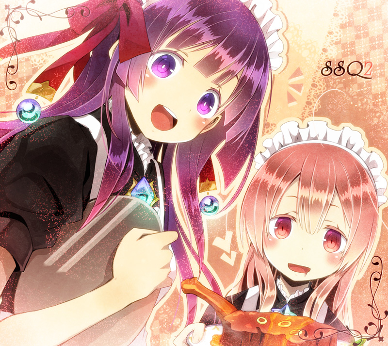 2girls :d alternate_costume arianna_caledonia artist_request bad_id bad_pixiv_id chloe_de_gervaise drooling dutch_angle enmaided etrian_odyssey food hair_ornament holding holding_food holding_plate maid maid_headdress meat multiple_girls no_eyewear open_mouth pink_eyes pink_hair plate purple_eyes purple_hair sekaiju_no_meikyuu shin_sekaiju_no_meikyuu_2 smile upper_body