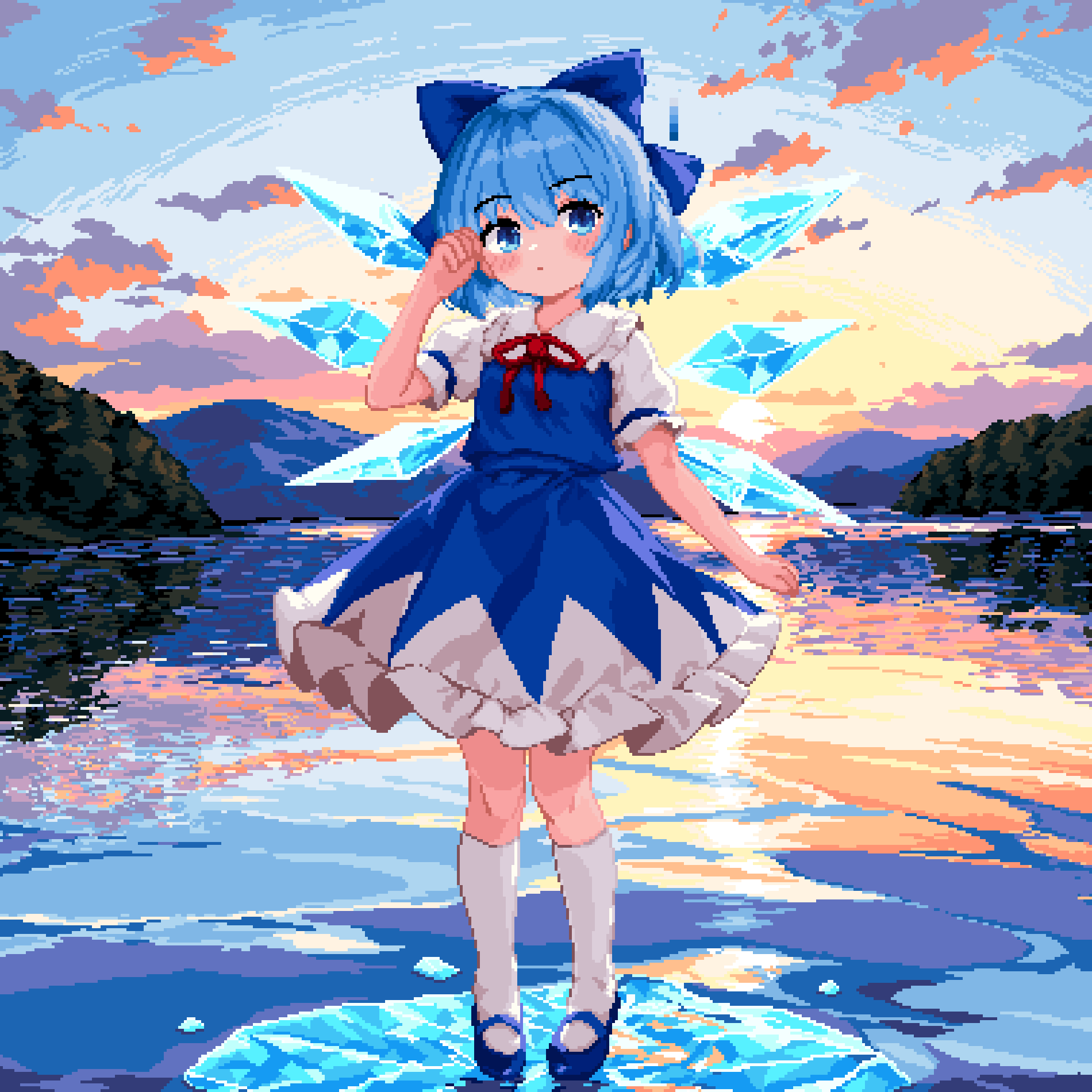 999_(hansode) blue_bow blue_dress blue_hair bow cirno cloud dress fairy_wings hair_bow highres ice ice_wings lake mountainous_horizon reflection reflective_water sunset touhou wings