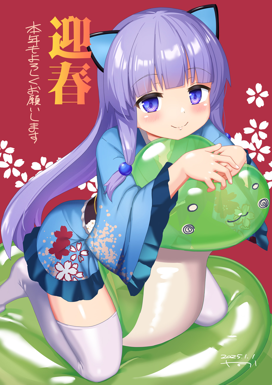 1girl animal_ears balloon blue_kimono blush chinese_zodiac closed_mouth commentary_request dated fake_animal_ears frilled_sleeves frills highres indie_virtual_youtuber japanese_clothes kimono long_hair long_sleeves looking_at_viewer mitsuki_awano naka_(cheeseyeast) nengajou new_year no_shoes obi purple_eyes purple_hair red_background sash signature simple_background smile solo thighhighs translation_request very_long_hair virtual_youtuber white_thighhighs wide_sleeves year_of_the_snake