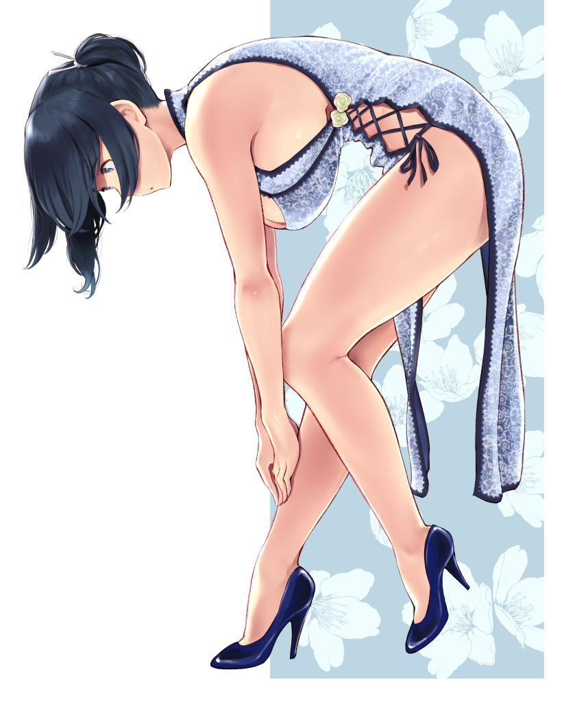 1girl alternate_costume bare_arms bare_legs bare_shoulders blue_dress blue_eyes blue_footwear blue_hair breasts china_dress chinese_clothes clothes_between_thighs clothing_cutout commentary_request cross-laced_clothes cross-laced_cutout dress from_side full_body hanging_breasts high_heels huge_breasts kantai_collection parted_lips pelvic_curtain profile short_hair side_ponytail sideboob sleeveless sleeveless_dress solo souryuu_(kancolle) standing wa_(genryusui)