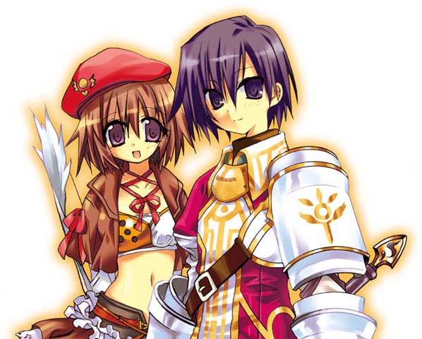 1boy 1girl armor belt beret bow_(weapon) brown_hair frills hat luminous_arc luminous_arc_2 midriff navel open_mouth purple_eyes purple_hair rina_(luminous_arc) roland_(luminous_arc) skirt sword weapon