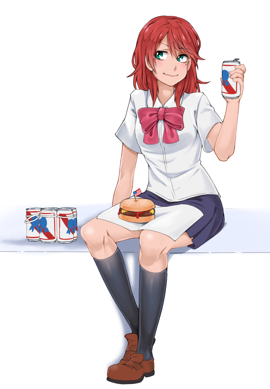 1girl alcohol american_flag beer beer_can bow bowtie burger can drink_can eba_rin female_focus food full_body highres kimi_no_iru_machi kneehighs loafers mole mole_under_eye pabst_blue_ribbon red_hair shirt shoes short_sleeves sitting socks solo techsupportdog white_shirt