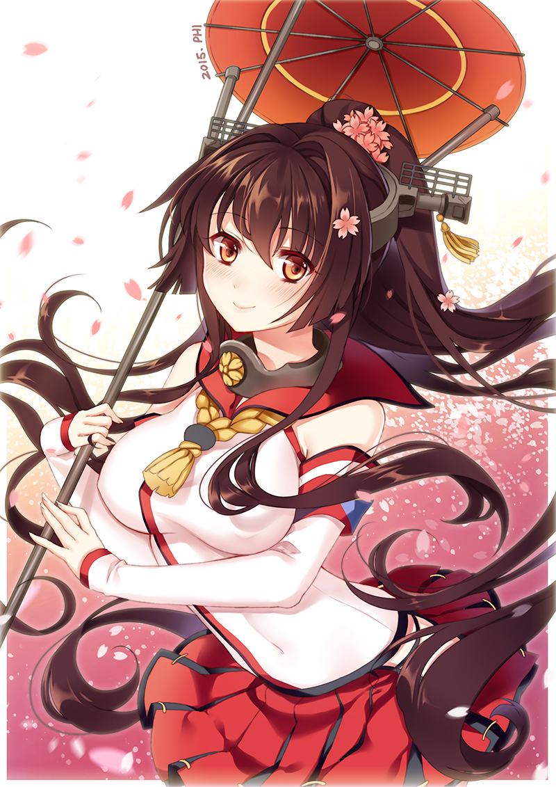 10s 1girl bad_id bad_pixiv_id breasts brown_eyes brown_hair cherry_blossoms kantai_collection large_breasts long_hair miniskirt oil-paper_umbrella philomelalilium pleated_skirt ponytail skirt umbrella very_long_hair yamato_(kancolle)