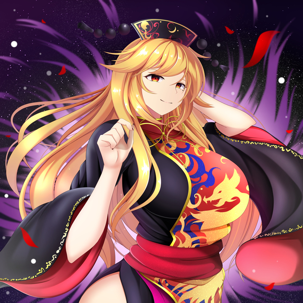 1girl arm_up belt black_background black_dress black_hat blonde_hair bow bowtie breasts closed_mouth commentary_request crescent dress energy fingernails floating_hair hand_up hands_up hat junko_(touhou) large_breasts long_fingernails long_hair long_sleeves looking_at_viewer messy_hair nail_polish night night_sky orange_eyes petals phoenix_crown pom_pom_(clothes) purple_background red_belt red_eyes red_nails sky smile solo standing star_(sky) starry_sky tabard tareme touhou wide_sleeves yellow_bow yellow_bowtie yui_(pfyt3782)