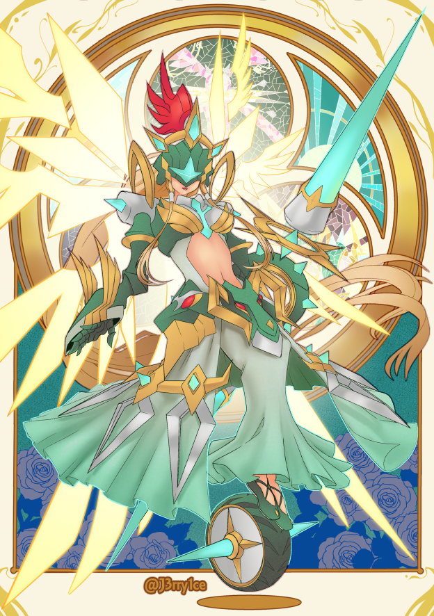 1girl aqua_dress armor blonde_hair clothing_cutout covered_eyes crown digimon digimon_(creature) dress energy_lance energy_weapon energy_wings gold_crown gold_trim green_armor green_dress green_helmet helmet helmet_over_eyes hobble_dress holding holding_polearm holding_weapon j3rry1ce lance long_hair multiple_wings navel ofanimon_x-antibody ornate plume polearm seraph shoulder_spikes solo spikes stomach_cutout weapon wheel wings