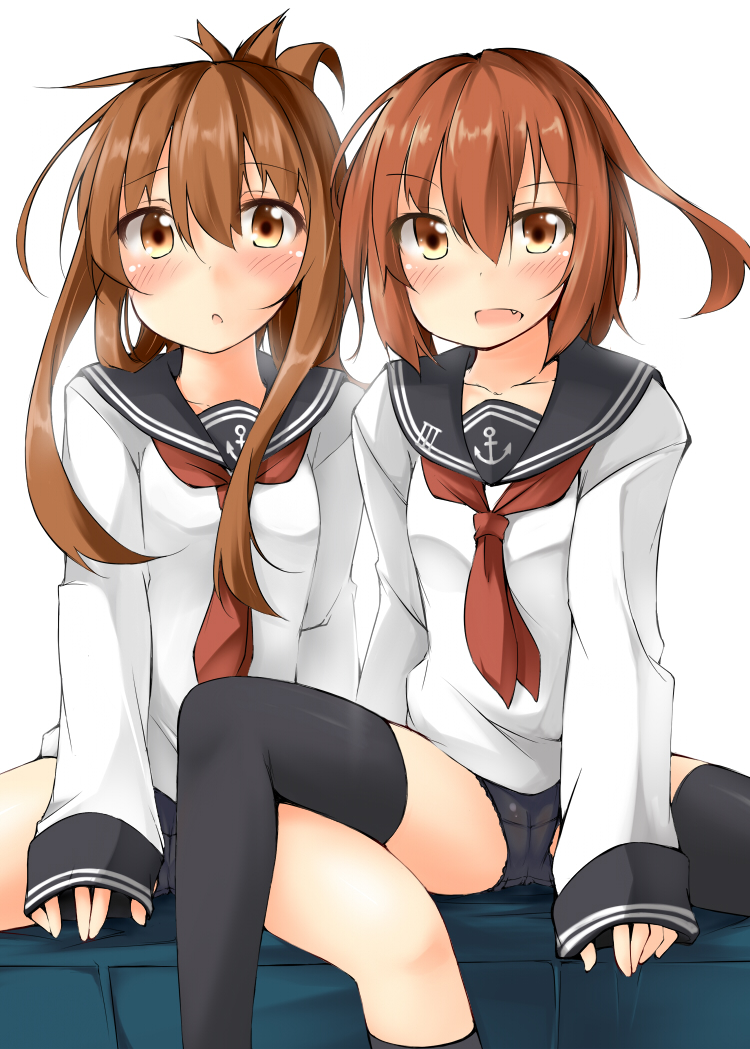 10s 2girls black_legwear black_panties blush brown_eyes brown_hair cameltoe fang folded_ponytail ikazuchi_(kancolle) inazuma_(kancolle) kaminagi_(kaminagi-tei) kantai_collection long_sleeves looking_at_viewer multiple_girls neckerchief no_pants open_mouth panties red_neckerchief school_uniform serafuku shirt sitting spread_legs thighhighs underwear