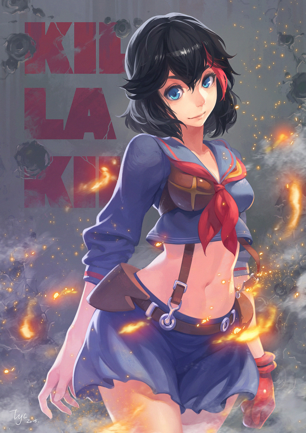 10s 1girl black_hair crop_top crop_top_overhang female_focus gloves highres kill_la_kill looking_at_viewer mangshuo matoi_ryuuko midriff multicolored_hair navel scissor_blade_(kill_la_kill) senketsu single_glove solo streaked_hair suspenders suspenders_under_shirt two-tone_hair