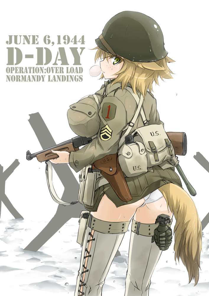 1girl animal_ears ass bad_id bad_pixiv_id blonde_hair breasts combat_helmet dakku_(ogitsune) explosive female_focus freckles green_eyes grenade gun helmet holster huge_breasts m1_helmet military military_uniform no_pants original panties pantyshot short_hair solo standing submachine_gun tail thighhighs thompson_submachine_gun typo underwear united_states war weapon white_panties white_thighhighs world_war_ii