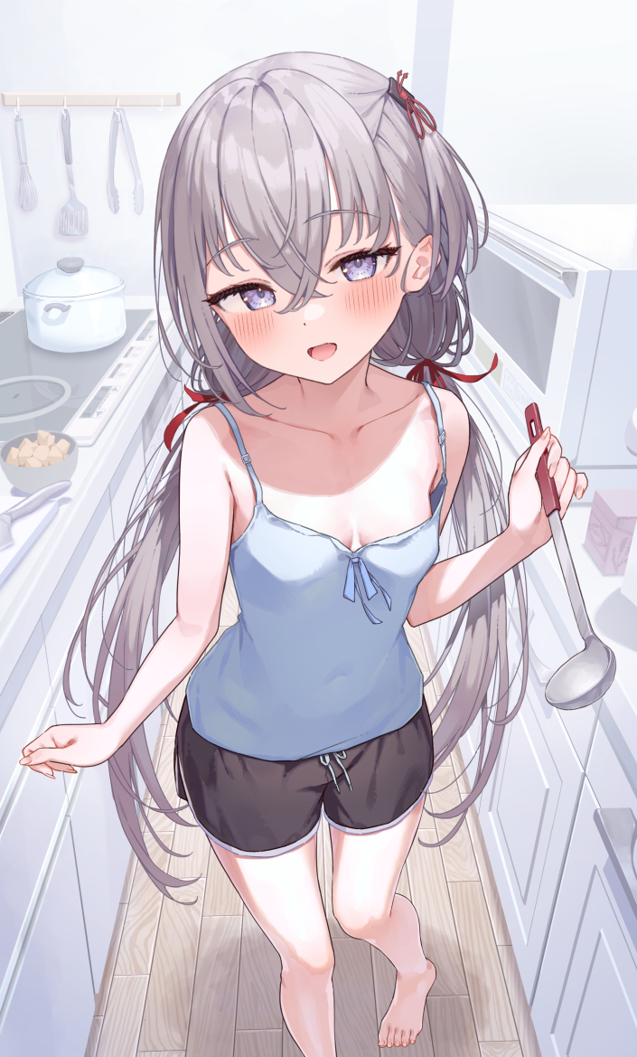 1girl :d arm_at_side bare_arms bare_legs bare_shoulders barefoot black_shorts blue_eyes blue_ribbon blush breasts camisole collarbone covered_navel crossed_bangs dolphin_shorts eyelashes foot_out_of_frame grey_hair hair_between_eyes hair_ribbon half-closed_eyes hand_up holding holding_ladle indoors kitchen ladle long_hair looking_at_viewer low_twintails namikishiho no_bra one_side_up open_mouth original red_ribbon ribbon short_shorts shorts small_breasts smile spaghetti_strap standing twintails very_long_hair wooden_floor