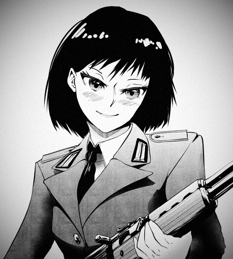 1girl artist_request black_hair black_necktie blush closed_mouth collared_shirt dress_shirt east_germany gradient_background grey_jacket greyscale gun holding holding_weapon jacket long_sleeves military military_uniform monochrome necktie original rifle shirt short_hair simple_background sks solo upper_body weapon white_shirt