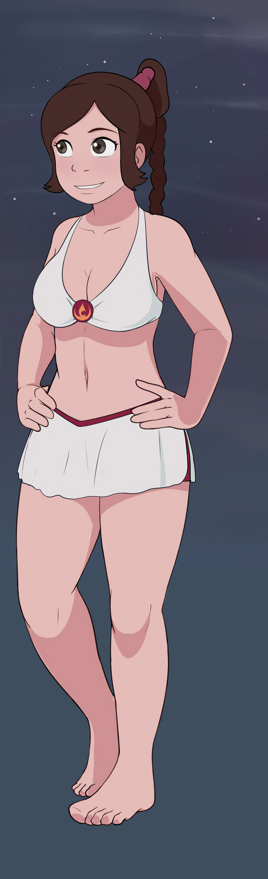 1girl absurdres avatar:_the_last_airbender avatar_legends bikini braid braided_ponytail breasts brown_eyes brown_hair cleavage feet hands_on_own_hips highres large_breasts legs mity navel parted_lips smile solo swimsuit thighs ty_lee white_bikini