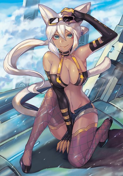 1girl animal_ears bikini bikini_top_only blue_eyes blush breasts cat_ears cat_tail cloud cloudy_sky commentary_request dark-skinned_female dark_skin day elbow_gloves eyewear_on_head female_focus fishnet_thighhighs fishnets gloves hair_between_eyes kaiten_muten-maru large_breasts long_hair micro_shorts nametake_(nekoyasya12172) navel outdoors shamu_meruruusa short_shorts shorts sky smile solo sunglasses swimsuit tail thighhighs white_hair