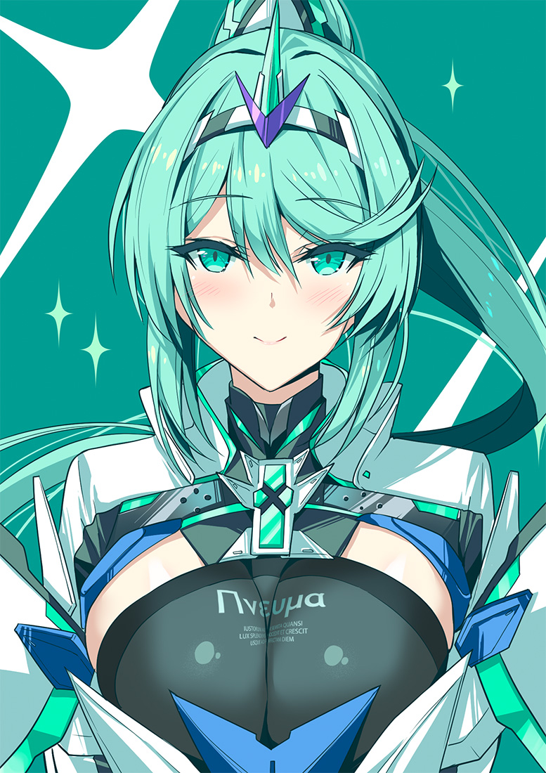 breasts green_eyes green_hair inoue_takuya_(tactactak) large_breasts pneuma_(xenoblade) ponytail solo xenoblade_chronicles_(series) xenoblade_chronicles_2