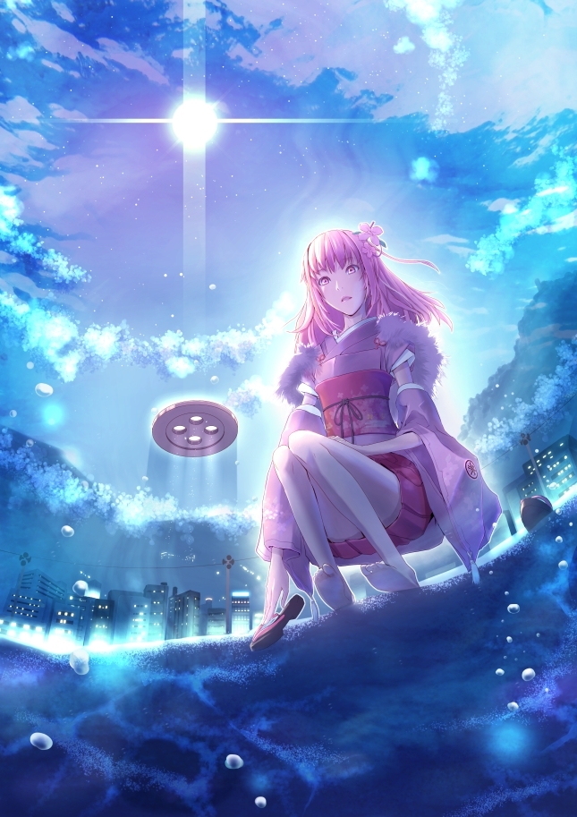 1girl female_focus flower full_moon hair_flower hair_ornament japanese_clothes kimono long_hair magzz moon night open_mouth outdoors pink_hair solo vocaloid vy1