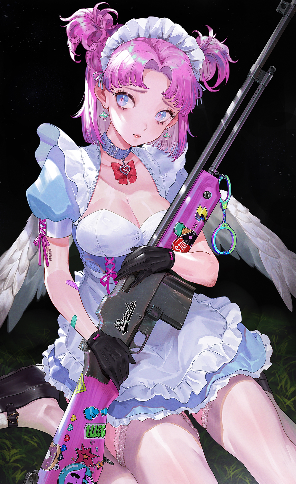 1girl angel_wings apron barcode blue_eyes bow breasts cleavage clothing_request collar commentary_request cuffs donut earrings ekao english_text food gloves gun handcuffs heart highres ice_cream ice_cream_cone jewelry light_machine_gun looking_to_the_side m1918_bar machine_gun maid_apron medium_breasts multicolored_eyes mushroom original pink_eyes pink_hair rifle road_sign shoes short_hair short_sleeves short_twintails sign sitting solo stop_sign thighhighs twintails weapon wings