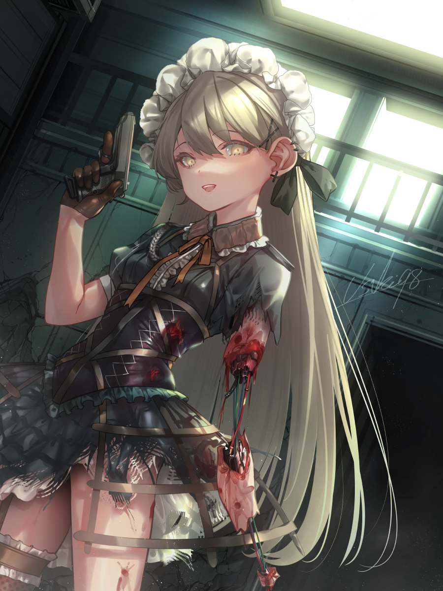 1girl android black_bow black_dress black_gloves blonde_hair blood bow cable commentary cowboy_shot damaged dress dutch_angle ear_piercing earrings english_commentary girls&#039;_frontline gloves gun guro hair_bow handgun highres holding holding_gun holding_weapon hoop_skirt jewelry looking_at_viewer maid_headdress mechabare open_mouth orange_bow piercing ppk_(girls&#039;_frontline) smile solo teeth torn_clothes torn_dress upper_teeth_only usuki_(graygreed) walther walther_ppk weapon white_headdress yellow_eyes