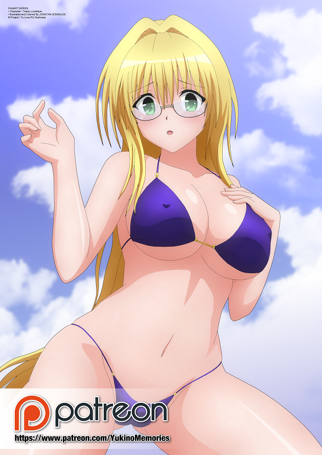 10s 1girl bikini blonde_hair breasts cloud covered_erect_nipples day derivative_work female_focus glasses green_eyes heaven large_breasts panties purple_panties self-upload solo swimsuit tearju_lunatique to_love-ru to_love-ru_darkness underwear zel-sama