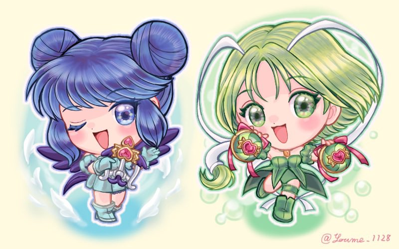 2girls aizawa_mint blue_dress blue_eyes blue_hair chibi chibi_only double_bun dress green_dress green_eyes green_hair hair_bun holding holding_weapon looking_at_viewer magical_girl mew_lettuce mew_mint midorikawa_lettuce multiple_girls one_eye_closed suruga_kanade tokyo_mew_mew weapon weapon_request wings