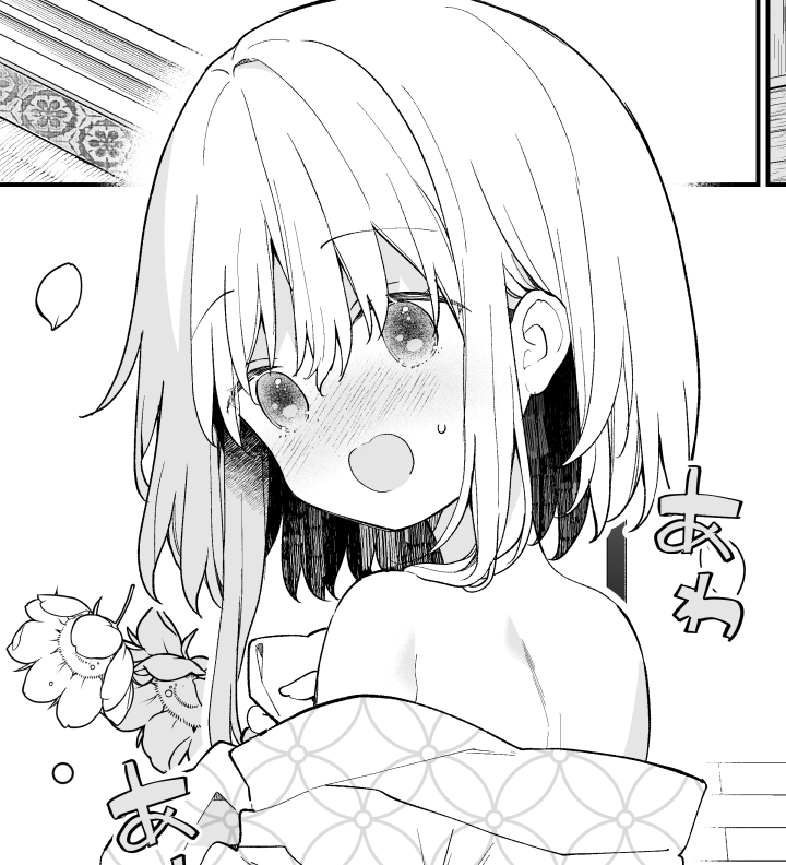 1girl bare_shoulders blush commentary_request flower from_behind greyscale japanese_clothes kimono looking_at_viewer looking_back mayu_(yuizaki_kazuya) monochrome nose_blush off_shoulder open_mouth original petals solo sweat translation_request undressing yuizaki_kazuya