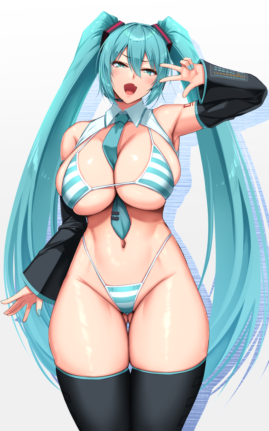 1girl akitsuki_karasu aqua_bikini aqua_eyes aqua_hair aqua_nails aqua_necktie arm_tattoo armpits between_breasts bikini black_thighhighs blush breasts cleavage commentary_request cowboy_shot curvy detached_sleeves double-parted_bangs drop_shadow fang gluteal_fold grey_background hair_between_eyes hatsune_miku headset highleg highleg_bikini highres large_breasts long_hair looking_at_viewer meme_attire microphone miku_collar_bikini nail_polish navel necktie necktie_between_breasts number_tattoo open_mouth simple_background skin_fang smile solo standing stomach string_bikini striped_bikini striped_clothes swimsuit tattoo thick_thighs thigh_gap thighhighs thighs tie_clip twintails two-tone_bikini v_over_eye very_long_hair vocaloid white_bikini wide_hips wing_collar