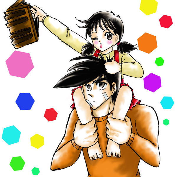 1boy 1girl ashita_no_joe carrying child piggyback sachi x_mrs_x yabuki_joe