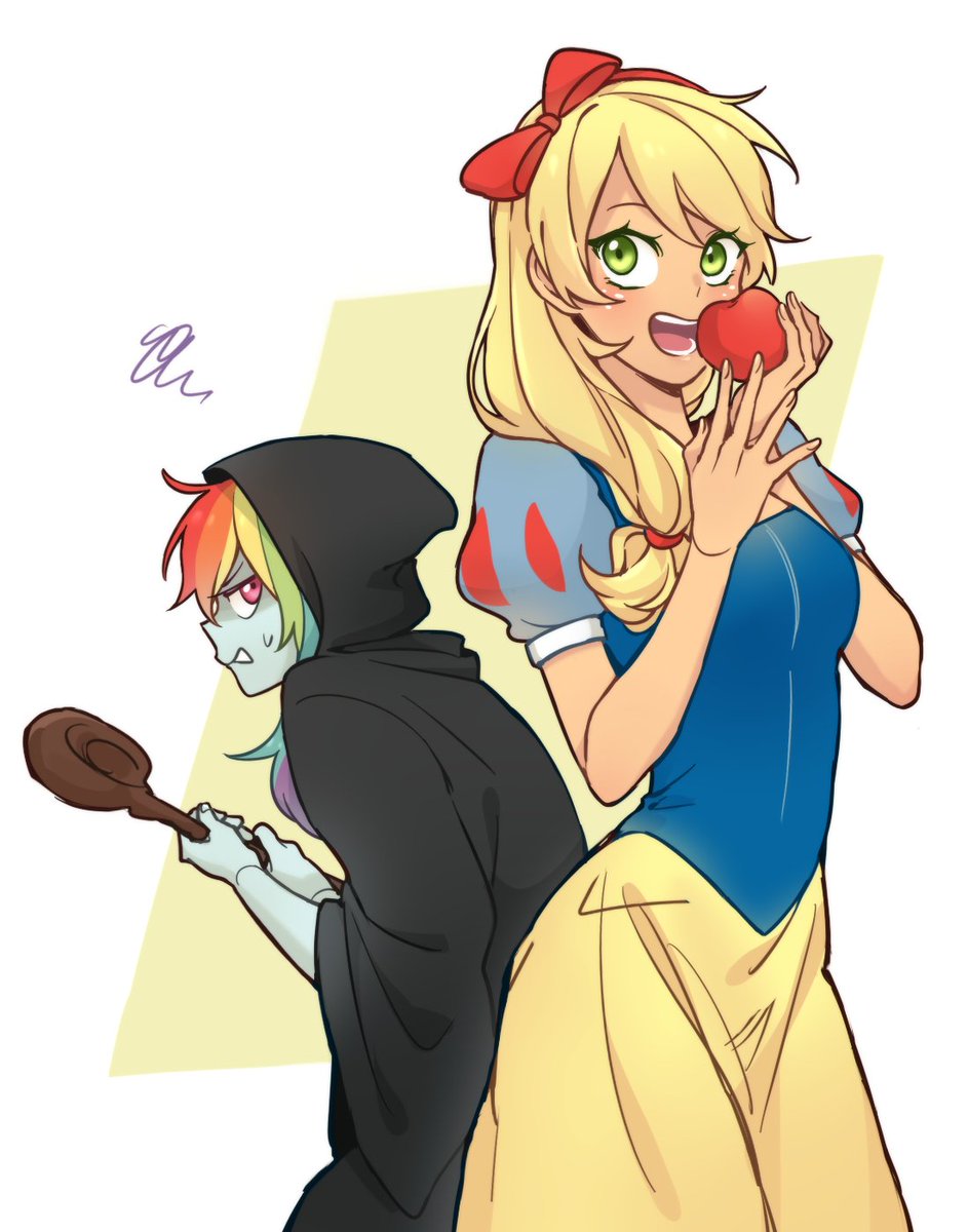 2girls apple applejack applejack_(equestria_girls) blonde_hair blue_skin blush border bow breasts cloak colored_skin commentary cosplay dcon_34 dress eating english_commentary food fruit green_eyes hair_bow highres holding holding_food hood hood_up long_hair multicolored_hair multiple_girls my_little_pony my_little_pony:_friendship_is_magic open_mouth orange_skin personification queen_grimhilde queen_grimhilde_(cosplay) rainbow_dash rainbow_dash_(equestria_girls) rainbow_hair simple_background snow_white_(disney) snow_white_(disney)_(cosplay) snow_white_and_the_seven_dwarfs white_border yellow_background