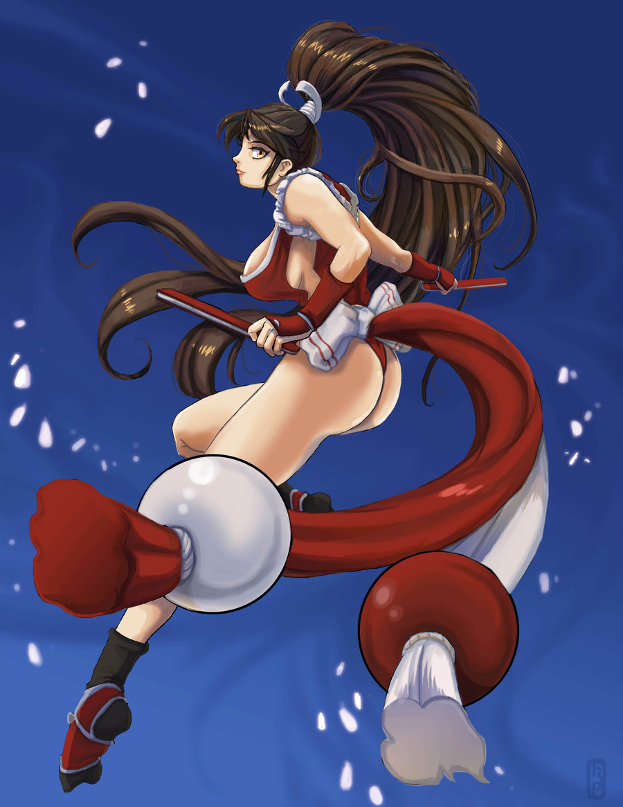 1girl ass breasts fatal_fury female_focus hand_fan large_breasts long_hair ponytail shiranui_mai solo thong unknowntico very_long_hair