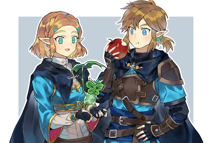 1boy 1girl apple armor black_cloak black_gloves blonde_hair blue_eyes blue_shirt blue_tunic border braid cloak crown_braid eating fingerless_gloves food fruit gloves green_eyes grey_background hair_between_eyes hair_ornament hairclip hand_on_own_hip holding holding_food holding_fruit ivy60530 leather_armor link low_ponytail nintendo open_mouth parted_bangs princess_zelda apple shirt short_hair shoulder_armor sidelocks the_legend_of_zelda the_legend_of_zelda:_breath_of_the_wild tunic upper_body white_border