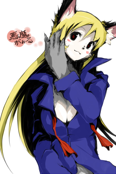 1girl :3 aged_up akuma_gaoru animal_ear_fluff animal_nose black_eyes black_fur blonde_hair blue_shirt blush_stickers body_fur breasts character_name cleavage closed_mouth furry furry_female futaba_channel grey_fur hair_between_eyes hand_up large_breasts long_hair long_sleeves multicolored_fur neck_ribbon oso_(toolate) red_pupils red_ribbon ribbon shirt simple_background smile solo undone_neck_ribbon white_background white_fur