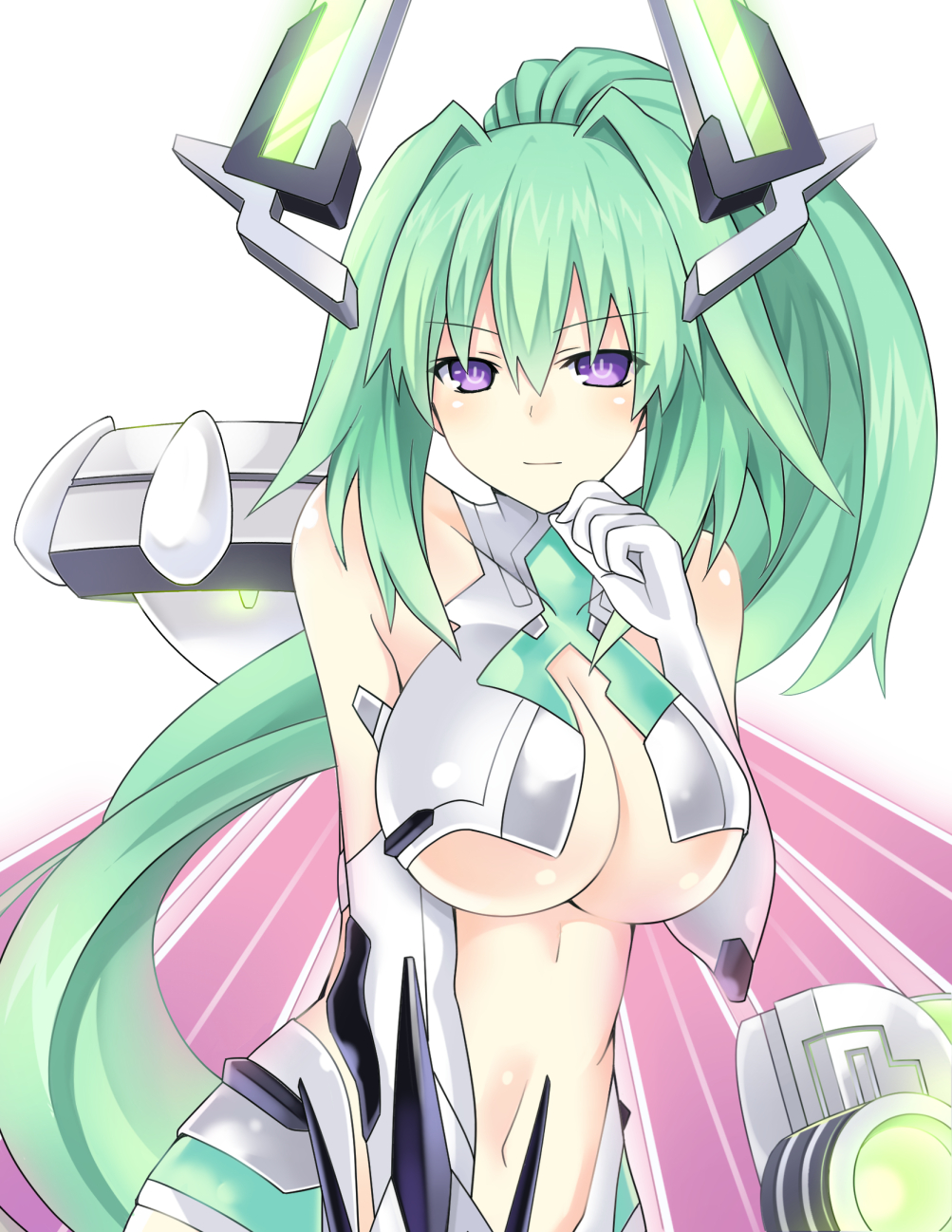 1girl bad_id bad_pixiv_id breasts cleavage female_focus green_hair green_heart_(neptunia) highres large_breasts long_hair looking_at_viewer navel neptune_(series) ponytail power_symbol power_symbol-shaped_pupils purple_eyes smile solo symbol-shaped_pupils vert_(neptunia) very_long_hair zero_(ray_0805)