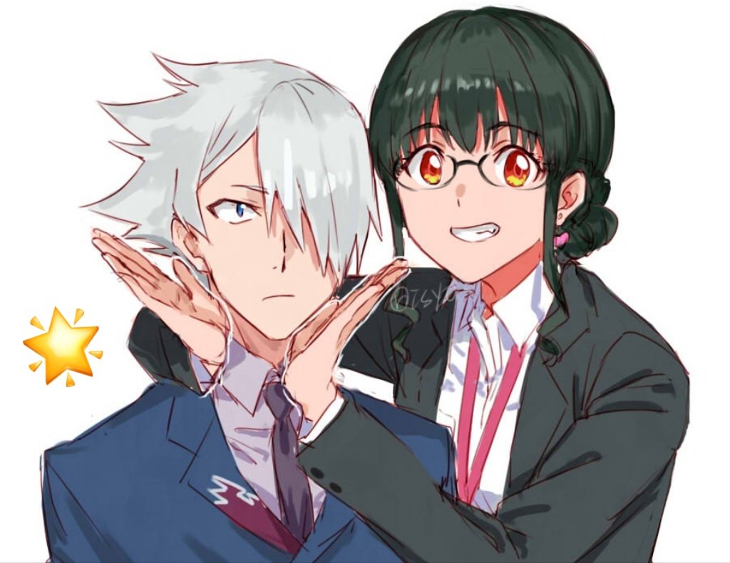 1boy 1girl anosillus_ii anti_(ssss.gridman) black_hair blue_eyes braid breasts formal_clothes glasses grey_hair gridman_universe gridman_universe_(film) hair_over_one_eye jacket long_hair long_sleeves looking_at_viewer name_tag red_eyes risyo shirt short_hair small_breasts smile ssss.dynazenon suit