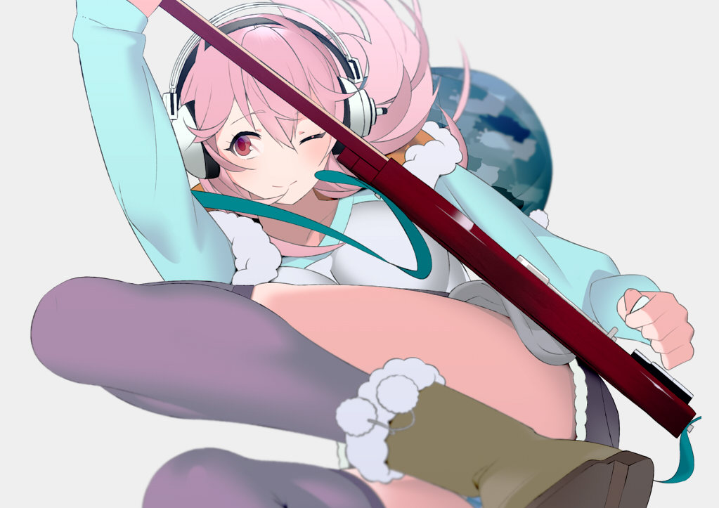 1girl bad_id bad_pixiv_id blush breasts bthx electric_guitar female_focus guitar headphones instrument large_breasts long_hair nitroplus one_eye_closed over-kneehighs panties pantyshot pink_eyes pink_hair pom_pom_(clothes) skirt smile solo super_sonico thighhighs underwear